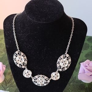 Liz Claiborne Elegant Silver Necklace with Intricate Design and Clear Stones